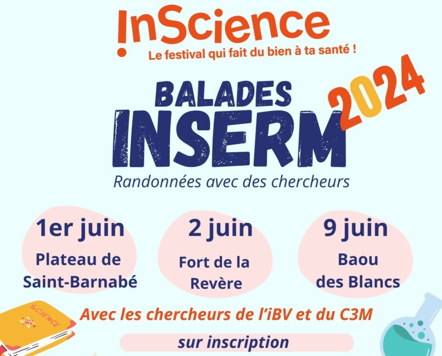 Affiche annonçant les balades Inserm qui se tiendront le 1er juin, le 2 juin et le 9 juin à l'occasion d'InScience 2024. 2 personnages en train de marcher avec des icones de cerveau, de livre ou de fiole flottant autour