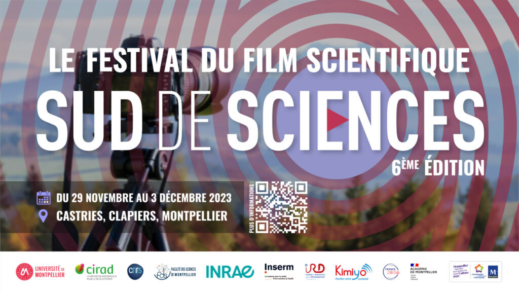 Bandeau présentant le Festival du film scientifique "Sud de Sciences" qui a lieu du 29 novembre au 3 décembre 2023 dans la métropole de Montpellier. 
