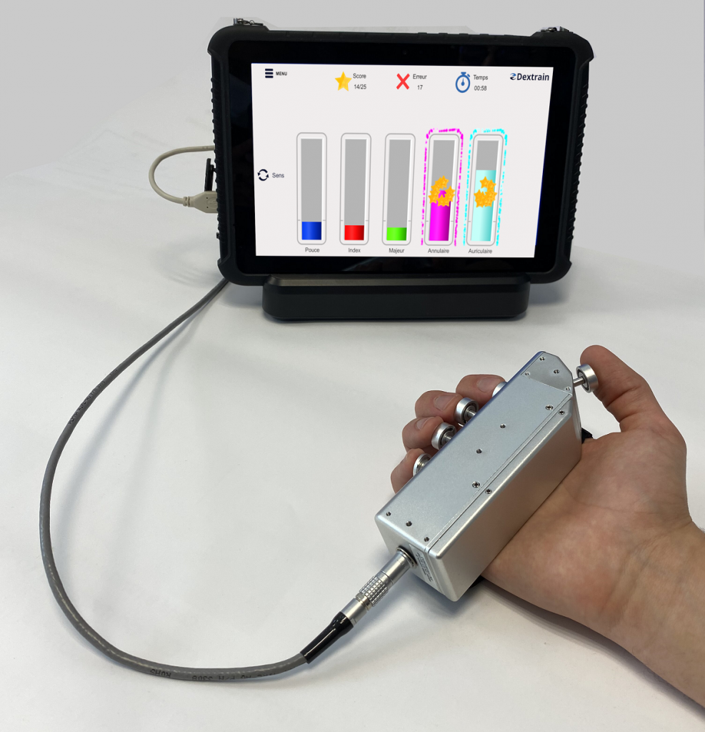The Dextrain is connected to a tablet for rehabilitation exercises.
