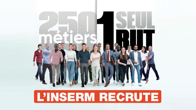Visuel de la campagne de recrutement Inserm 2023, avec le slogan "250 métiers, 1 seul but : l'Inserm recrute"