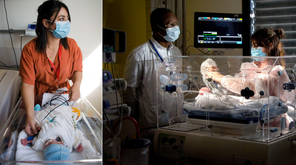 À gauche : Une chercheuse place un petit dispositif sur le bras d’un nouveau-né prématuré. À droite : Elle équipe ensuite le bébé un bonnet d’électrodes.