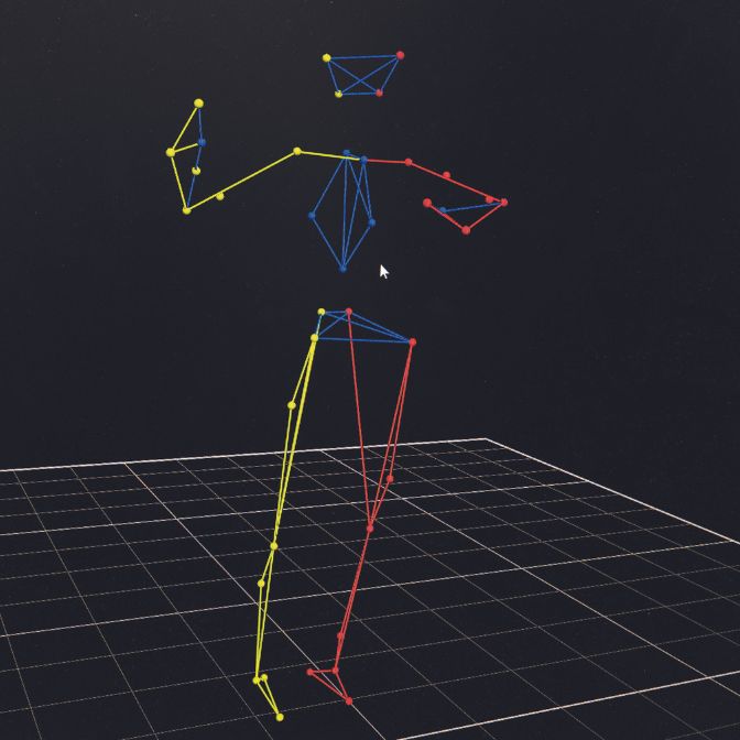 Sur une image conçue par un ordinateur, on reconnaît la silhouette d’un humain. Cette silhouette est formée par des traits qui relient des points correspondant aux capteurs placés sur un volontaire comme sur la photo précédente.