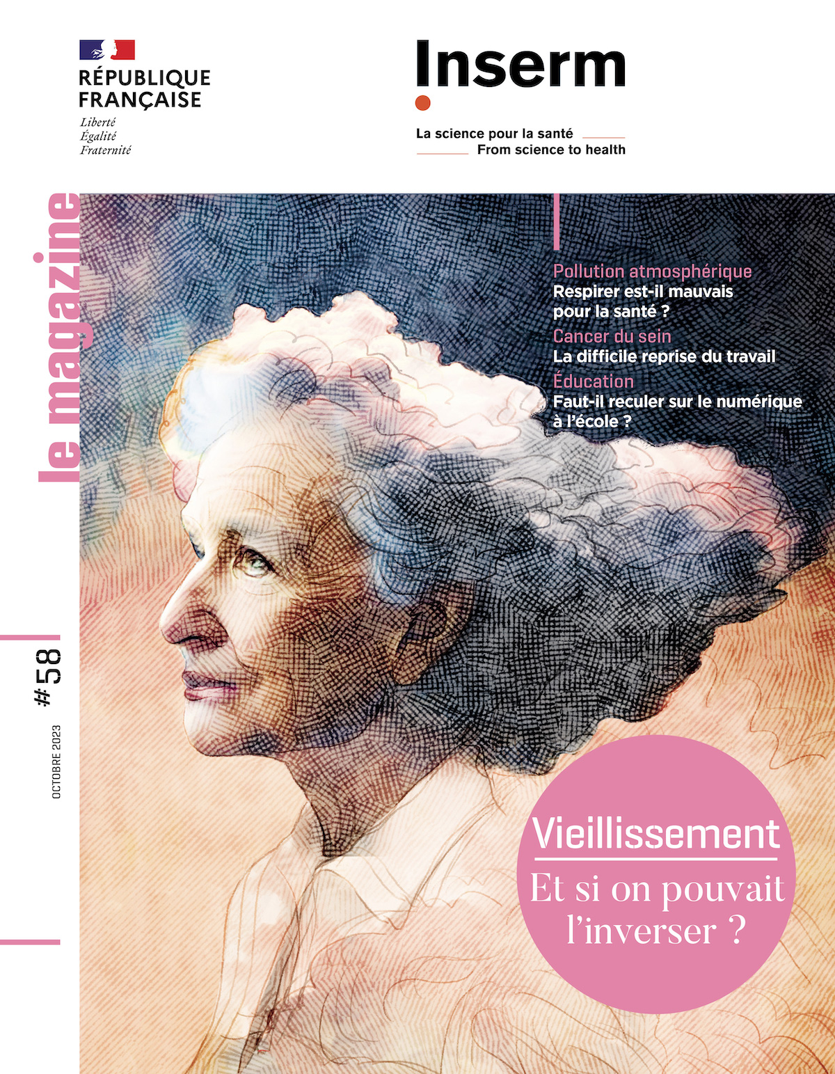 Couverture du magazine de l'Inserm n°58 dont le dossier central est consacré au Vieillissement.