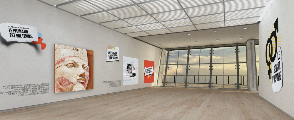 Visuel de la salle d'exposition virtuelle : de chaque côté, des murs avec des panneaux d'expo, au fond une baie vitrée ouvrant sur une terrasse